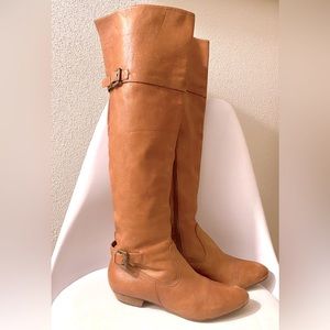 9 Aldo over knee boots tan brown leather buckle boho tall comfy low heel high